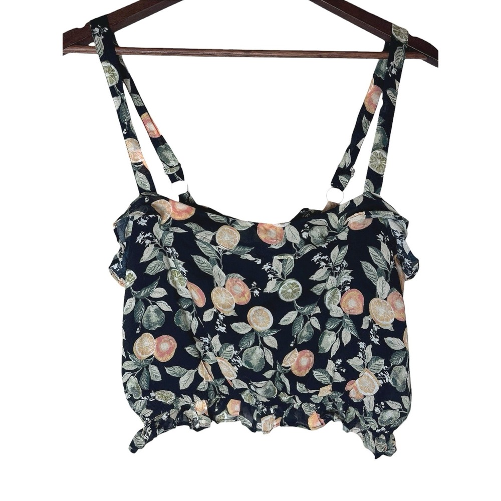 Minkpink Valencia Frill Crop Top Medium Black Citrus Fruit Print NWT